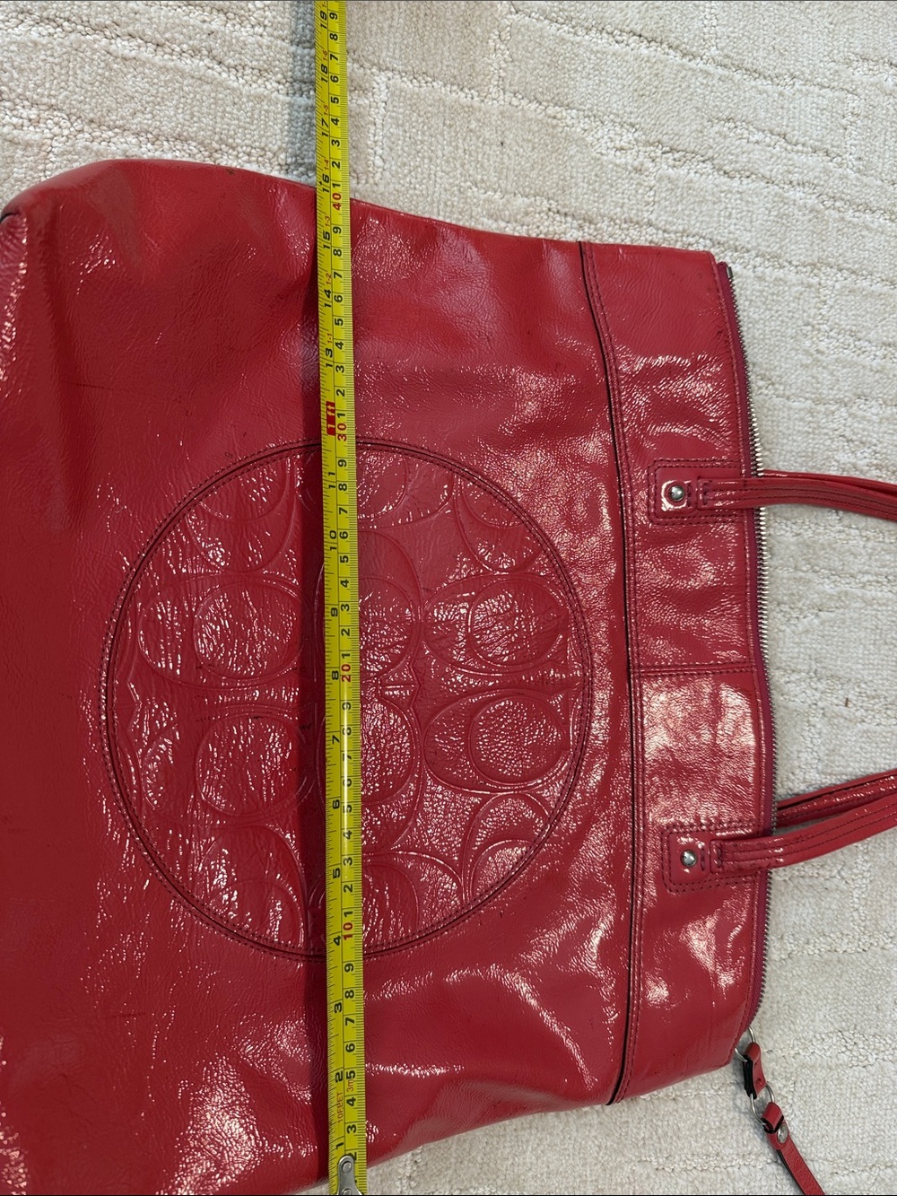 Coach Red Patent Leather Tote with Embossed Signature Circle - Picture 12 of 13
